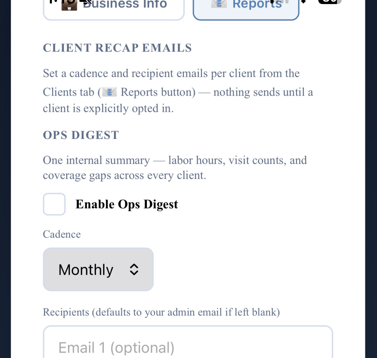 CustodialView Admin Setup Reports tab showing Client Recap and Ops Digest cadence settings