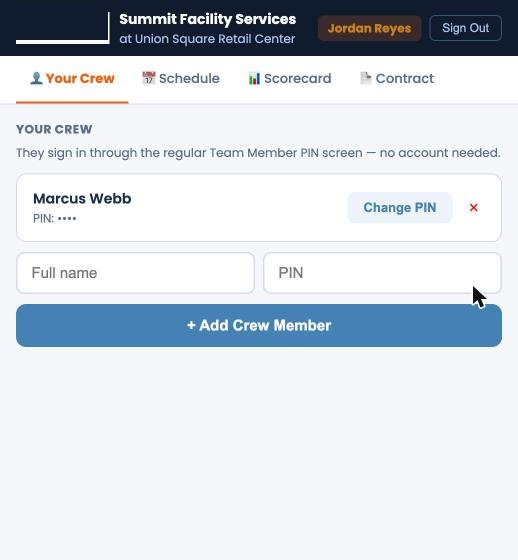 CustodialView Contractor Portal showing a subcontractor's own crew