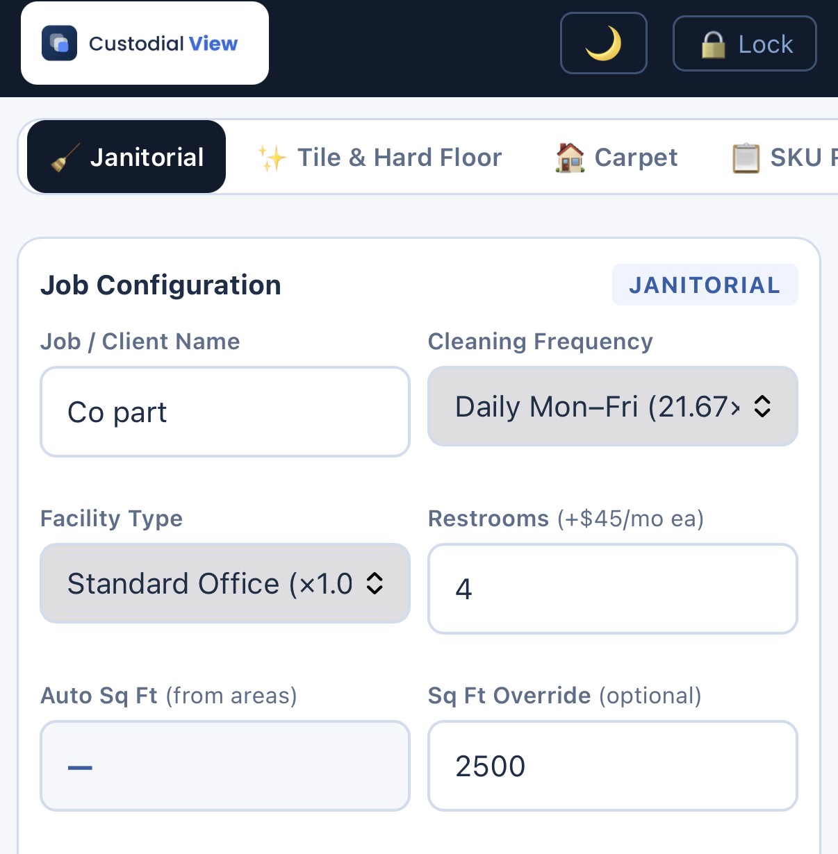 CustodialView Job Estimator showing a calculated bid total from square footage and rate