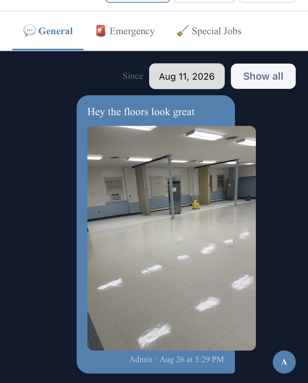 CustodialView client portal message showing a completed-floor photo sent to a client