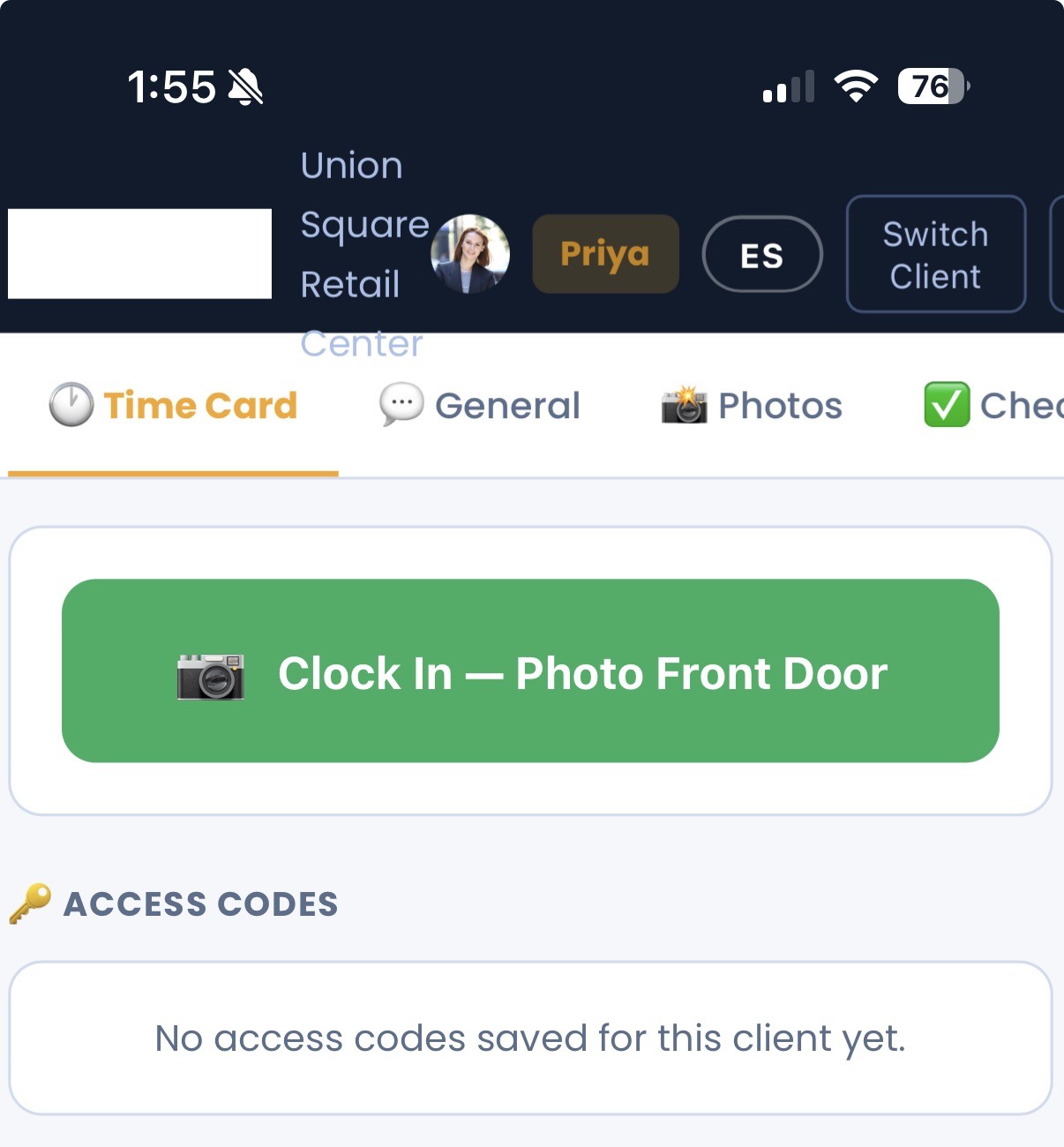 CustodialView Time Card tab showing the photo-required Clock In button for a client site