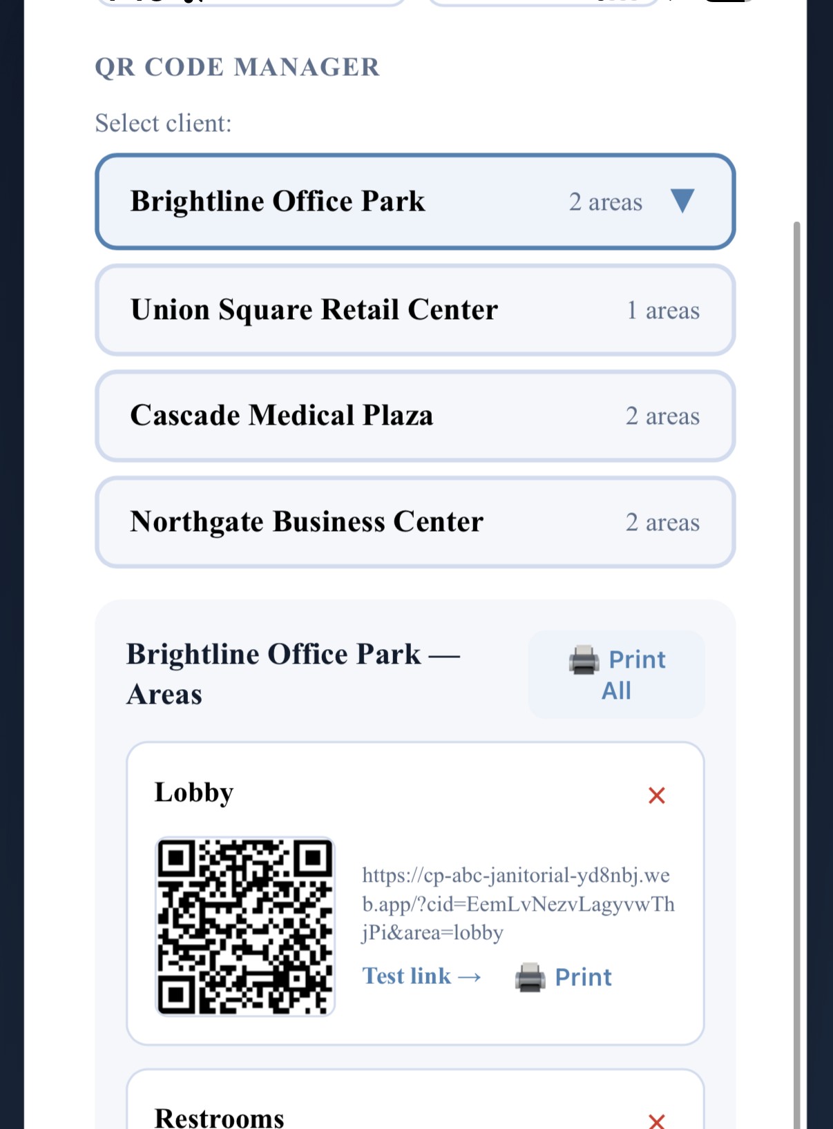 CustodialView QR Code Manager showing generated QR codes for the Lobby and Restrooms areas of a client site