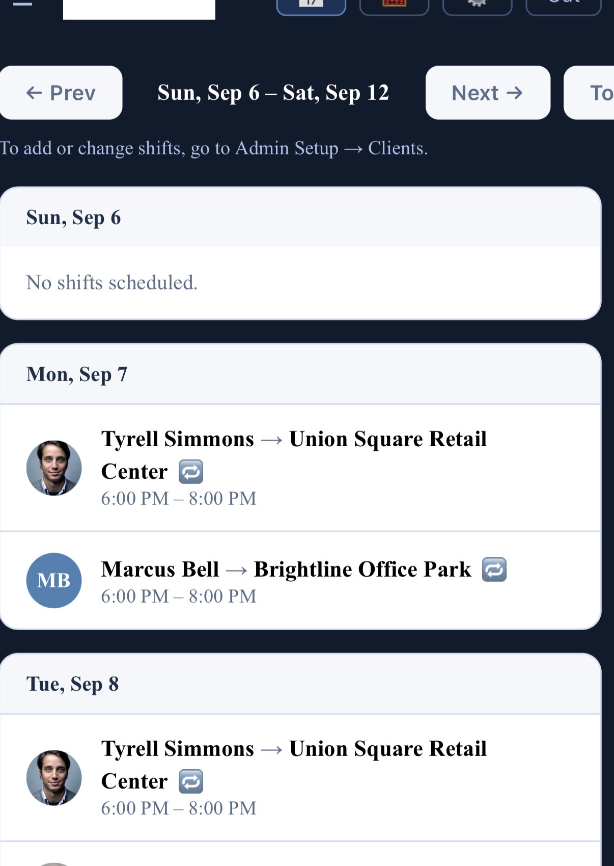 CustodialView weekly schedule showing recurring crew shifts assigned to client sites