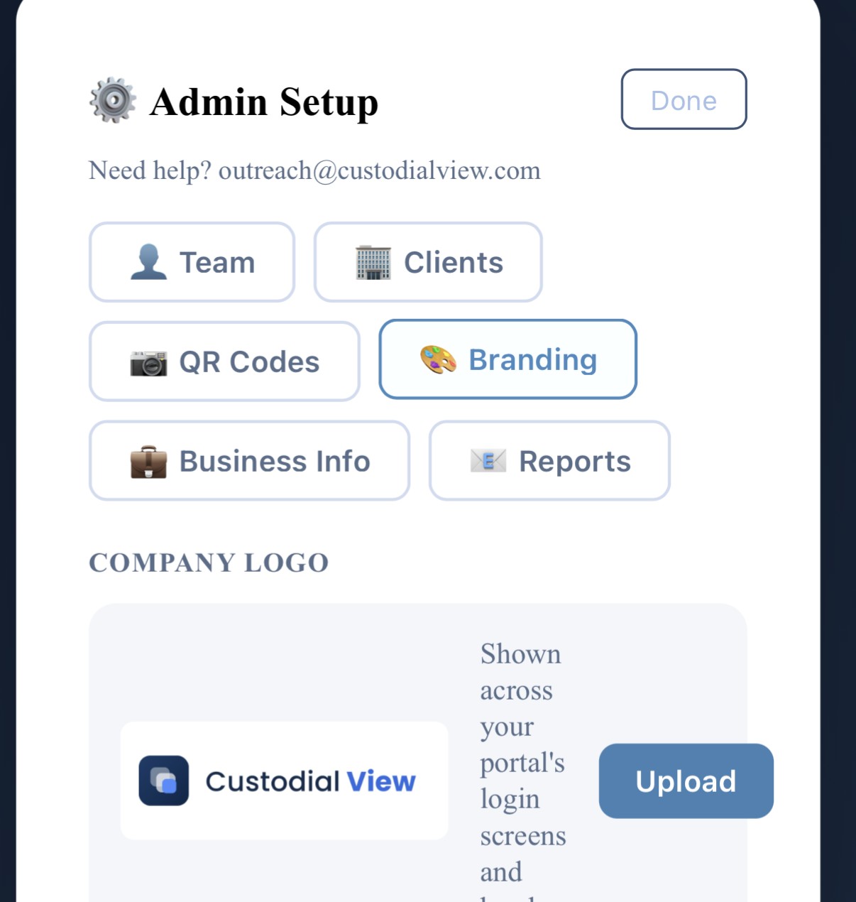 CustodialView portal login branded with the CustodialView logo and color scheme