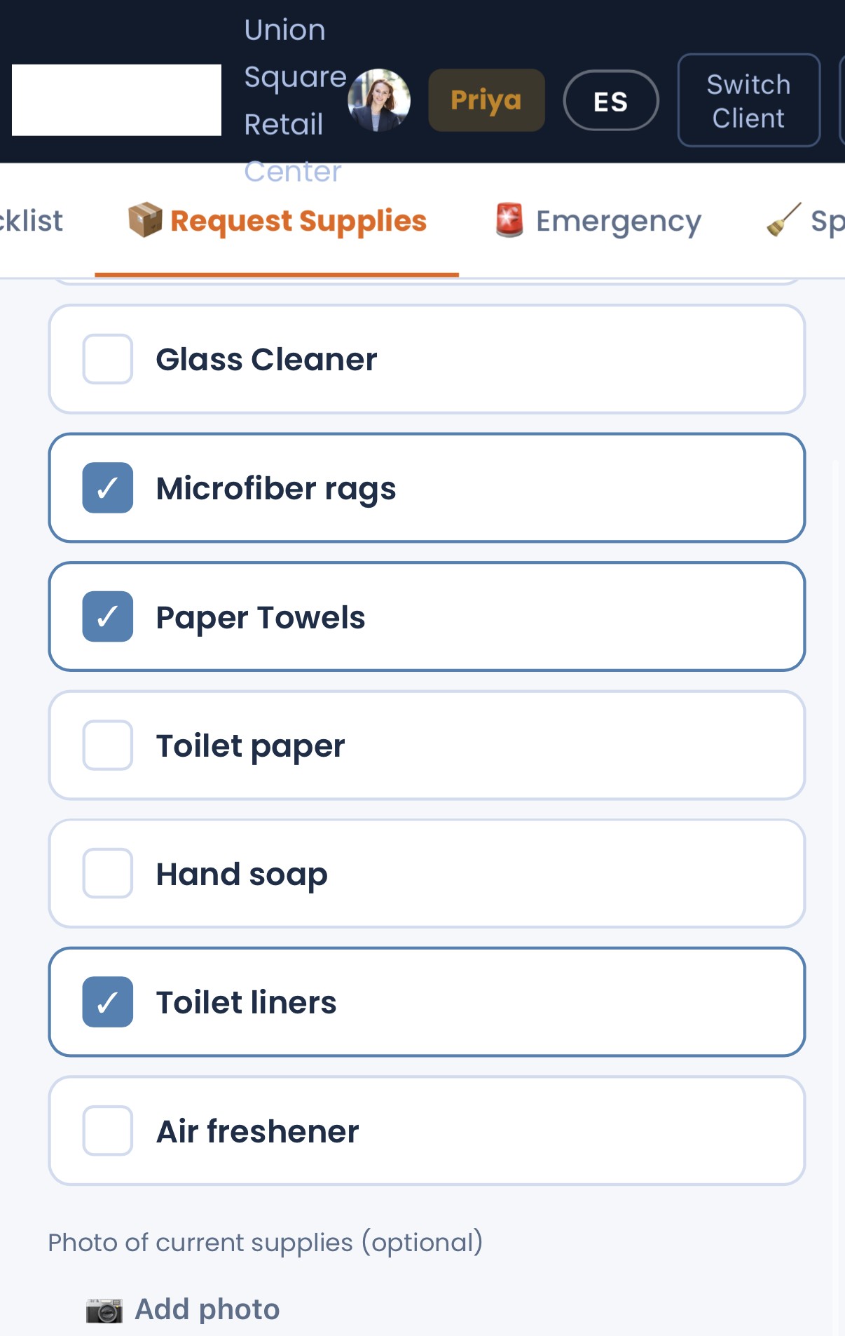 CustodialView supply request form showing paper towels and trash liners flagged as low, with a note to restock before Friday