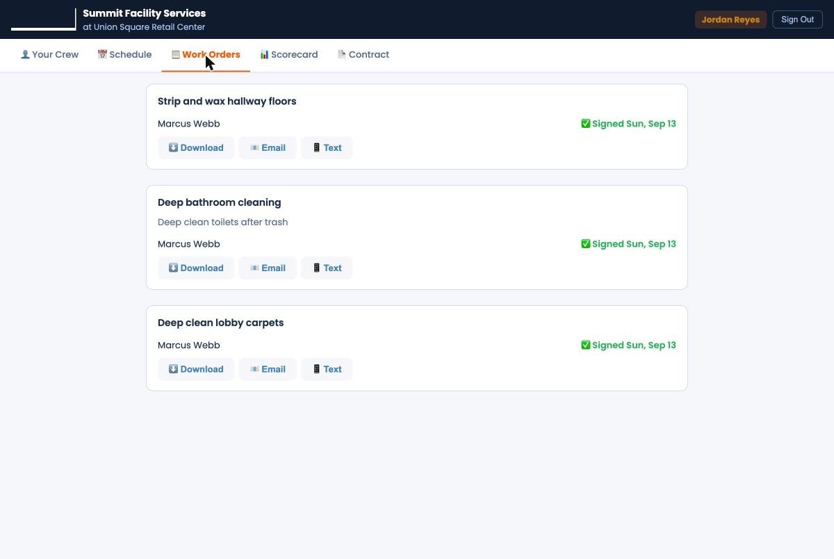 CustodialView Contractor Portal showing three fully signed work orders