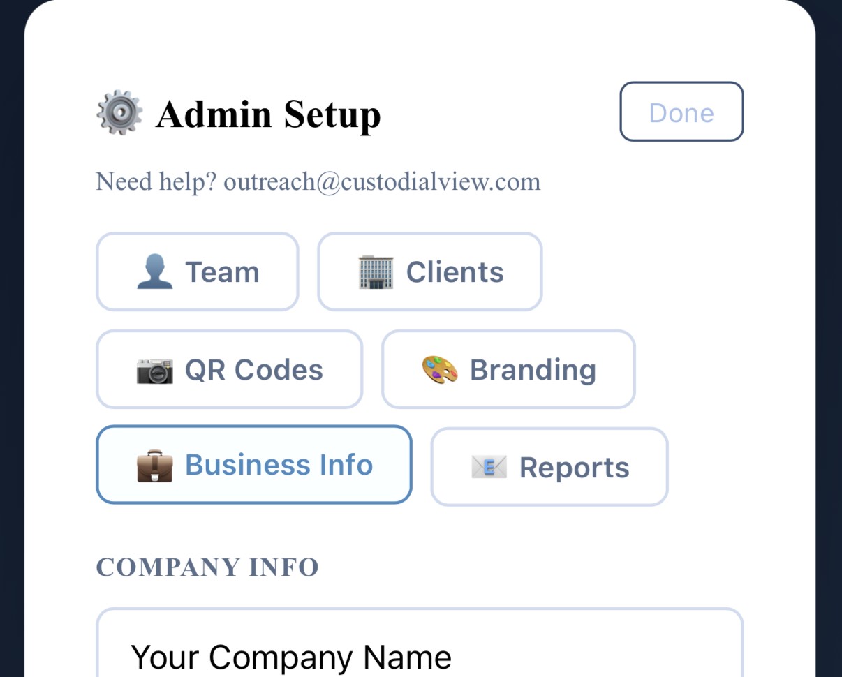 CustodialView Admin Setup screen showing the quick company info form used to get a portal live